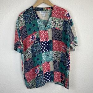 Vintage XL Silk Shirt Patchwork Print Button Up Boho Floral Cottagecore 90s